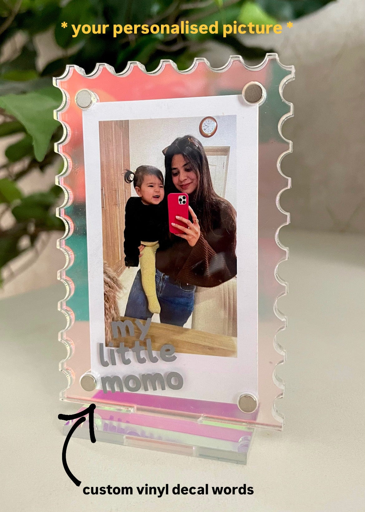 Customised iridescent polaroid frame stand/fridge magnet (with custom vinyl word decal)