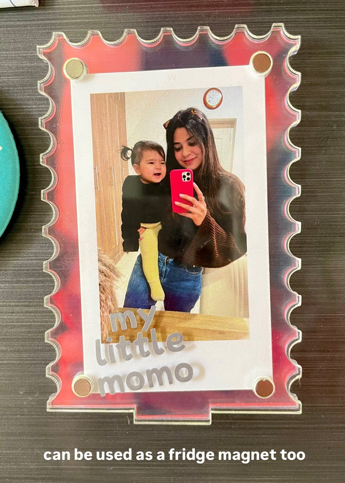 Customised iridescent polaroid frame stand/fridge magnet (with custom vinyl word decal)