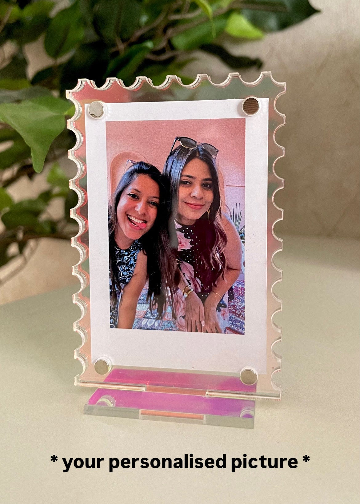 Customised iridescent polaroid frame stand/fridge magnet